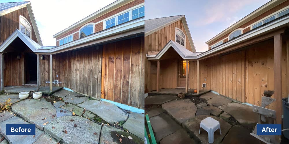 Before and after home exterior renovation showcasing improved wooden siding and patio.