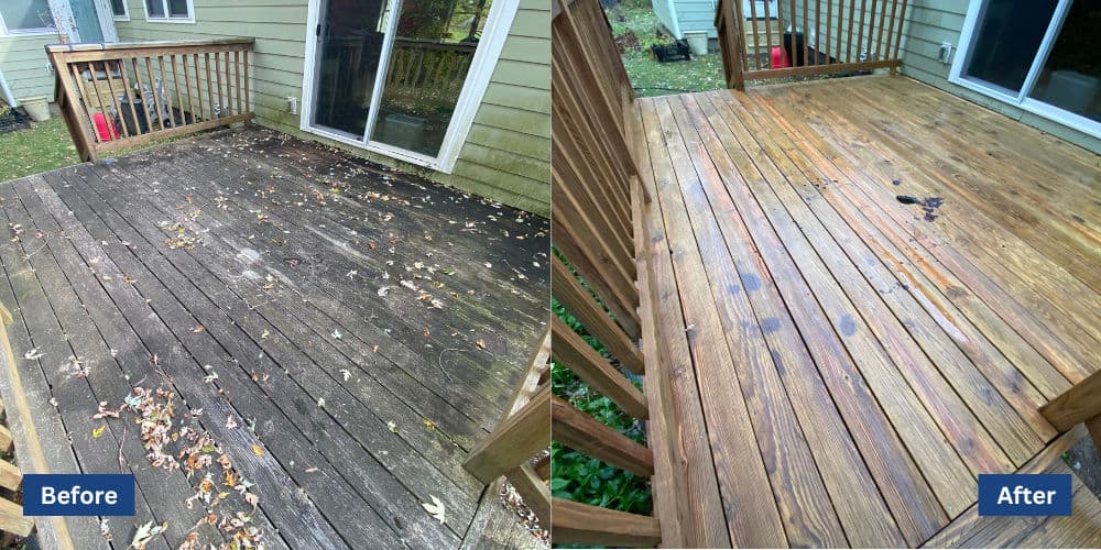 Before and after comparison of a cleaned and restored wooden deck.